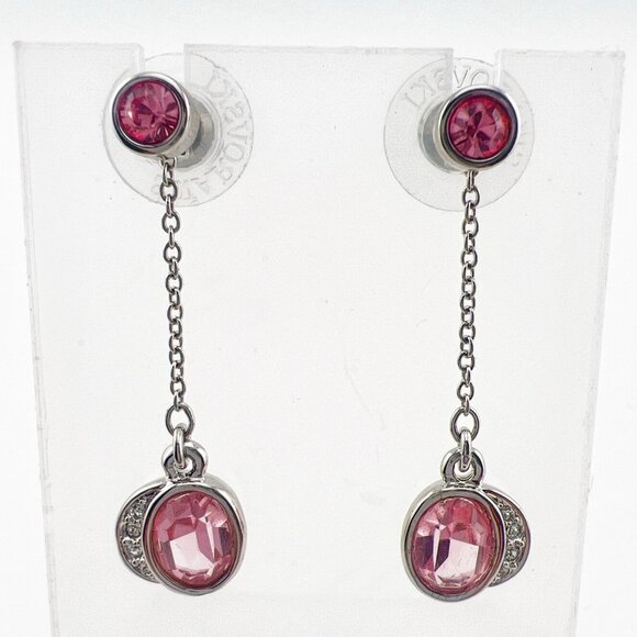 Swarovski Earrings Crystal Drop Dangle 2in1 Set Pink Signed Swan Silver Tone - Picture 1 of 11